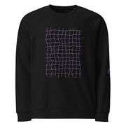Black sweatshirt with plum net grid pattern on black background