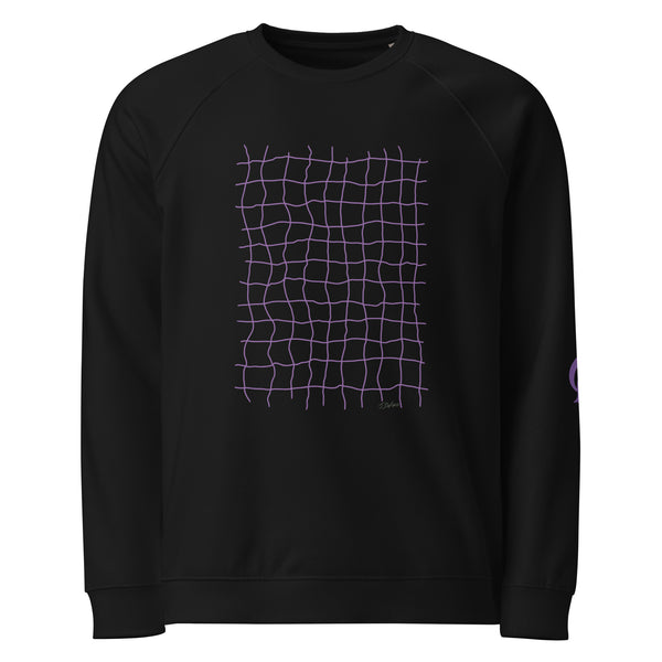 Black sweatshirt with plum net grid pattern on black background
