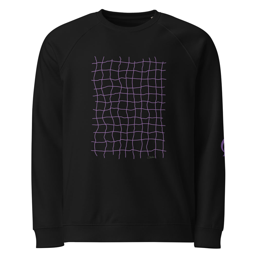 Black sweatshirt with plum net grid pattern on black background