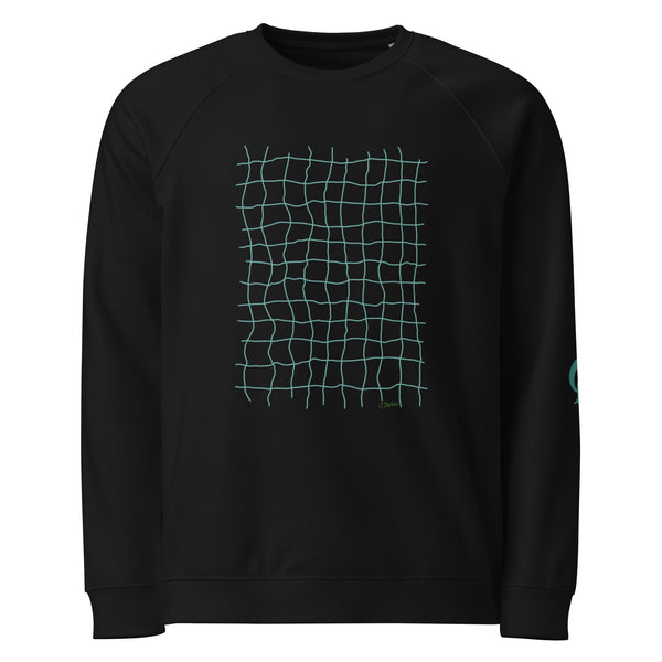 Black sweatshirt with green net grid on black background