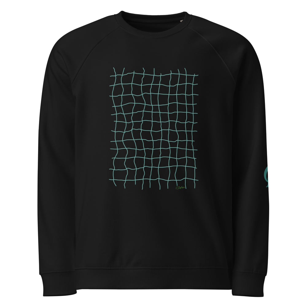 Black sweatshirt with green net grid on black background