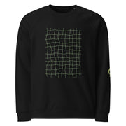 RELIGIÓN VERDE · HOJAS DE JUEGO LIBRE · “Earth Net Olive” · Sudadera unisex orgánica raglán