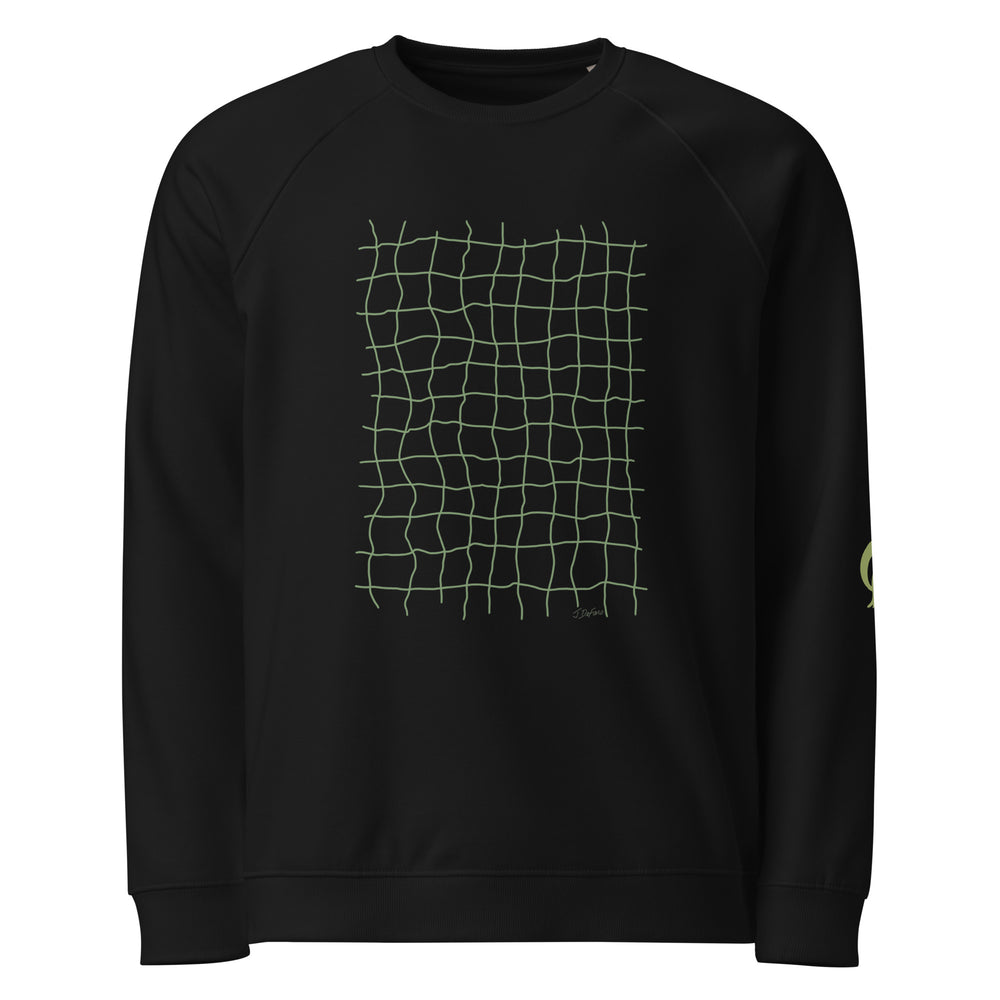RELIGIÓN VERDE · HOJAS DE JUEGO LIBRE · “Earth Net Olive” · Sudadera unisex orgánica raglán