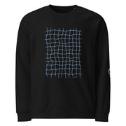 Black sweatshirt with blue net grid pattern on black background