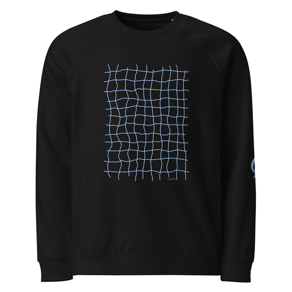 Black sweatshirt with blue net grid pattern on black background