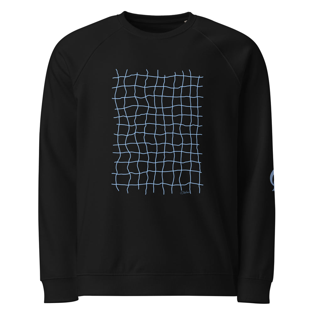 Black sweatshirt with blue net grid pattern on black background