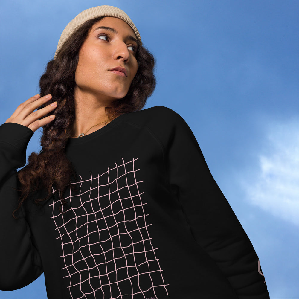 RELIGIÓN VERDE · HOJAS DE JUEGO LIBRE · “Earth Net Blush” · Sudadera unisex orgánica raglán
