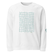 white sweatshirt with green net grid on white background