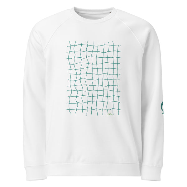 white sweatshirt with green net grid on white background