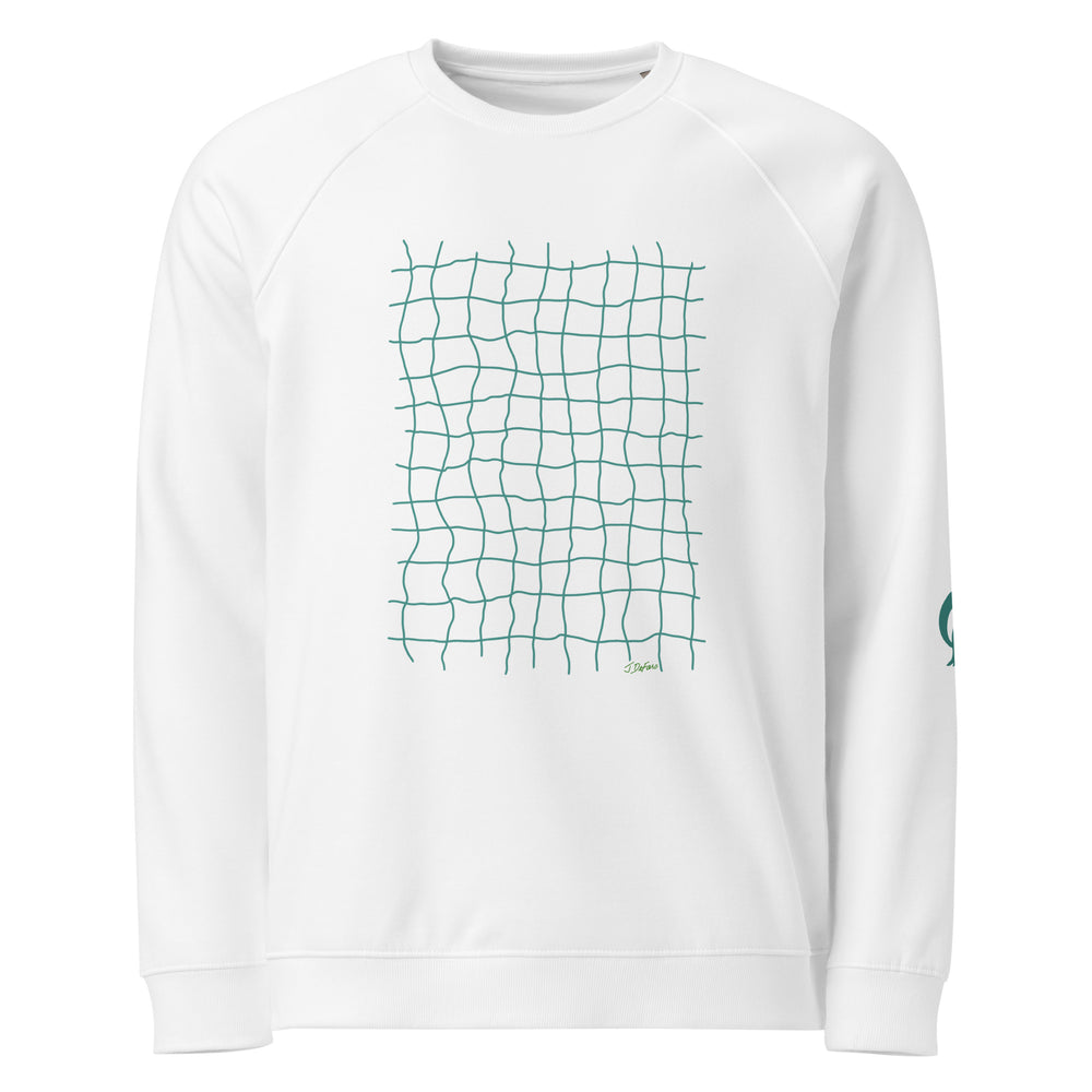 white sweatshirt with green net grid on white background