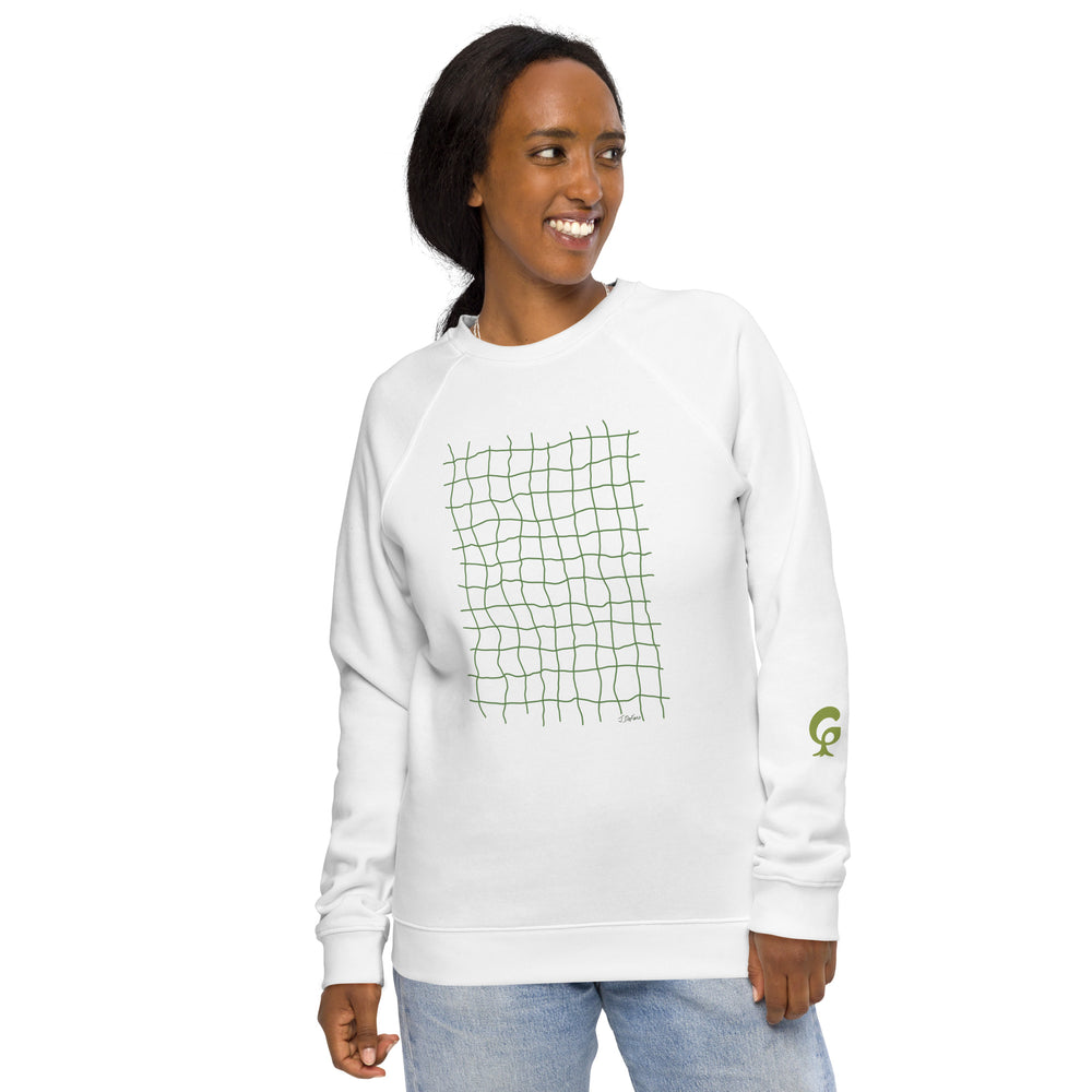 RELIGIÓN VERDE · HOJAS DE JUEGO LIBRE · “Earth Net Olive” · Sudadera unisex orgánica raglán