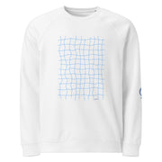 white sweatshirt with blue net grid patter on white background