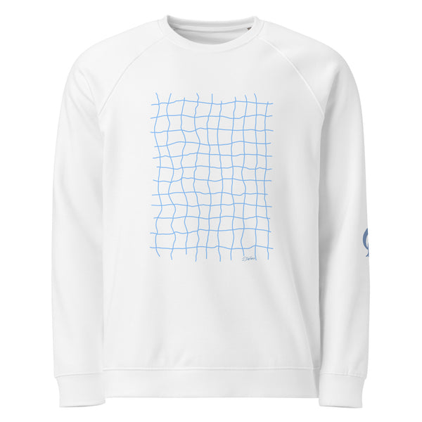 white sweatshirt with blue net grid patter on white background