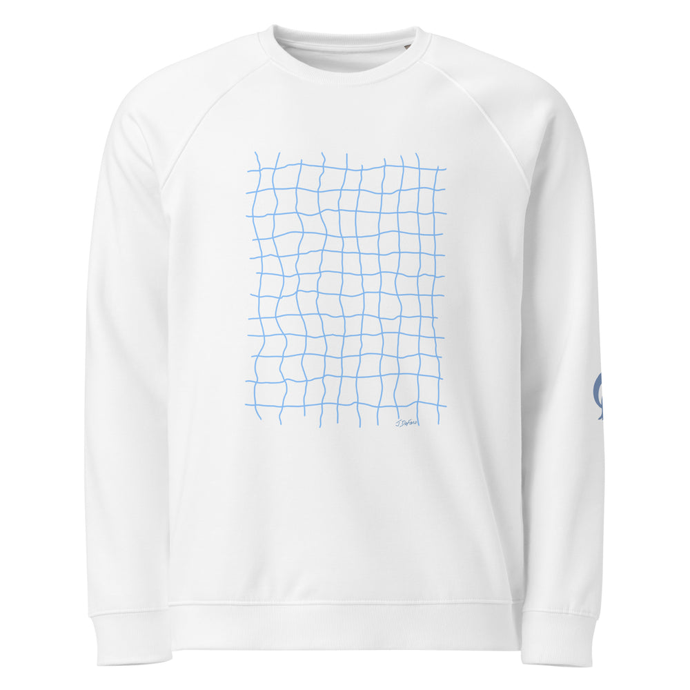 white sweatshirt with blue net grid patter on white background