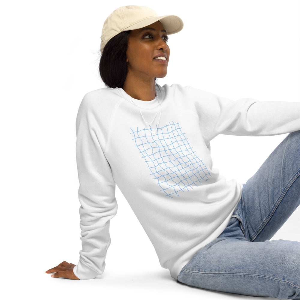 RELIGIÓN VERDE · HOJAS DE JUEGO LIBRE · “Earth Net Periwinkle” · Sudadera unisex orgánica raglán