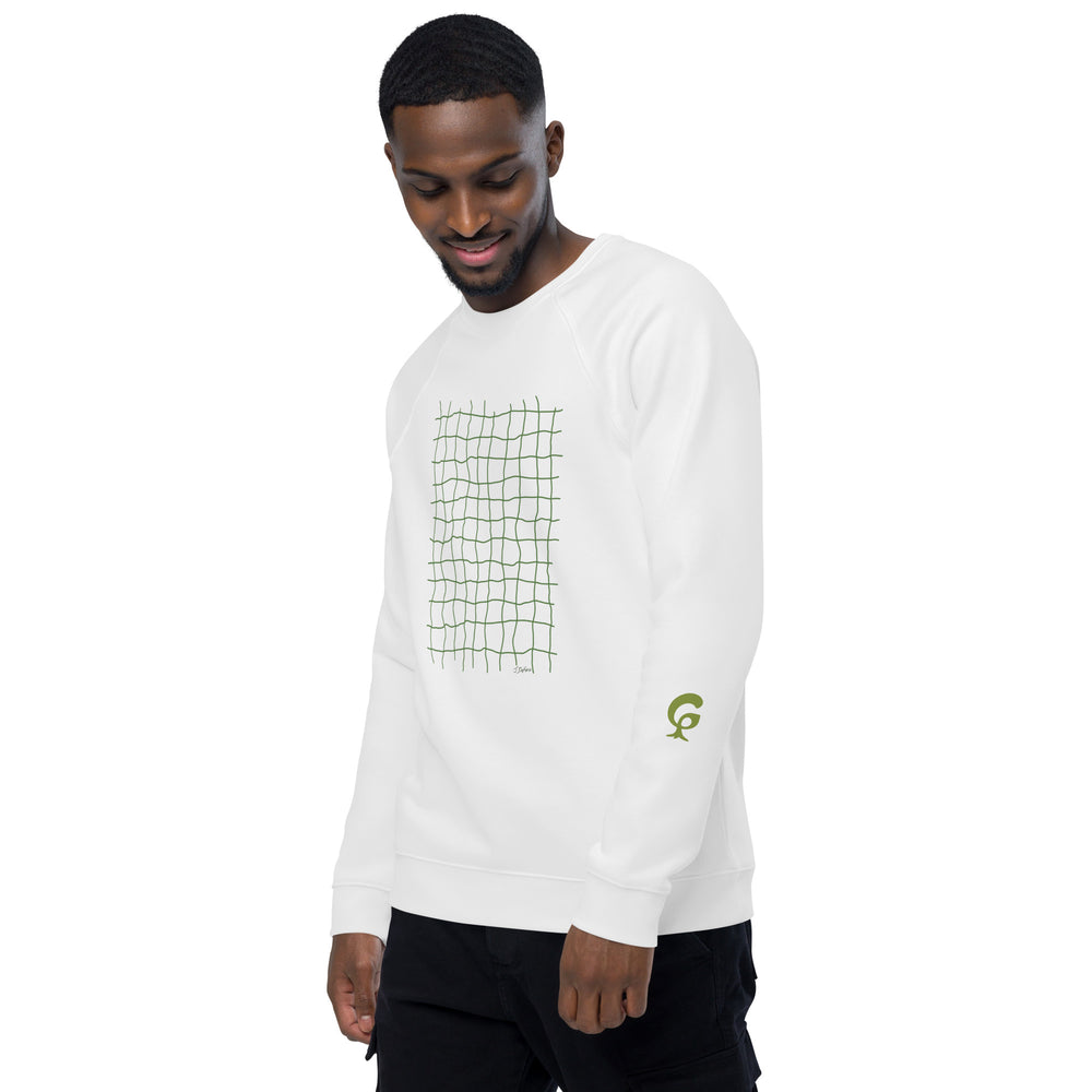 RELIGIÓN VERDE · HOJAS DE JUEGO LIBRE · “Earth Net Olive” · Sudadera unisex orgánica raglán