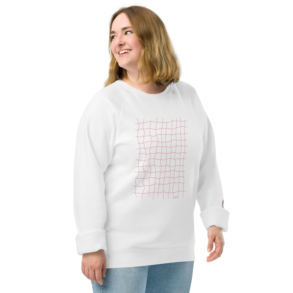 RELIGIÓN VERDE · HOJAS DE JUEGO LIBRE · “Earth Net Blush” · Sudadera unisex orgánica raglán