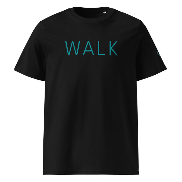 Black t-shirt with 'WALK' printed in blue on a white background