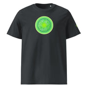 Black t-shirt with a green circular design on a white background