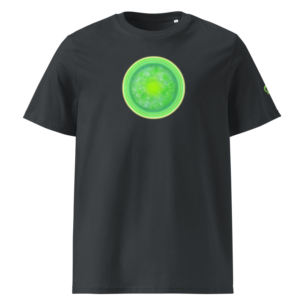 Black t-shirt with a green circular design on a white background