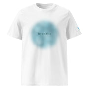 White t-shirt with a blue circular design and 'breathe' text on a white background