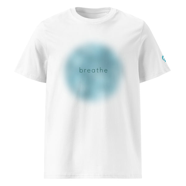 White t-shirt with a blue circular design and 'breathe' text on a white background