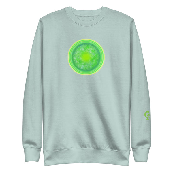 Light gray sweatshirt with a green mandala design on a white background