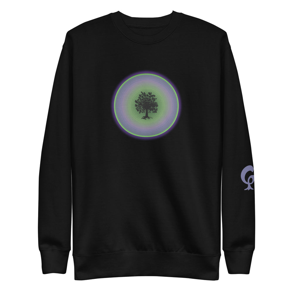 Black sweatshirt with tree in circle on black background
