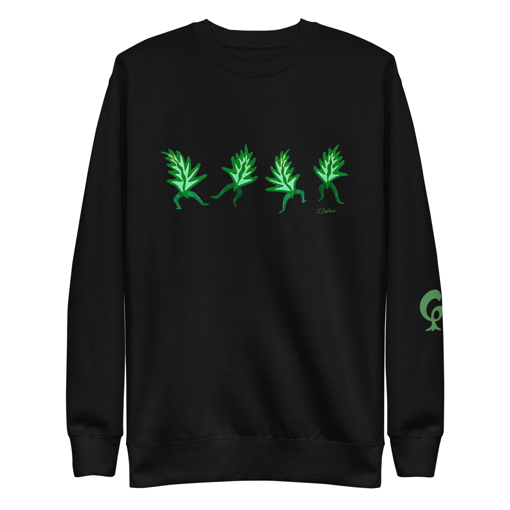 Black sweatshirt with green dancing leaves on black background