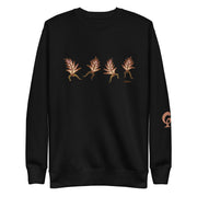 Black sweatshirt with row of dancing leaves on black background