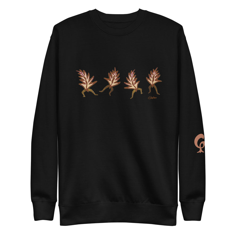 Black sweatshirt with row of dancing leaves on black background