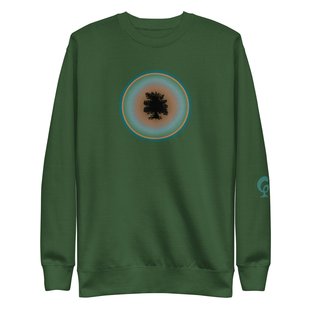 Green sweatshirt with tree in circle on green background