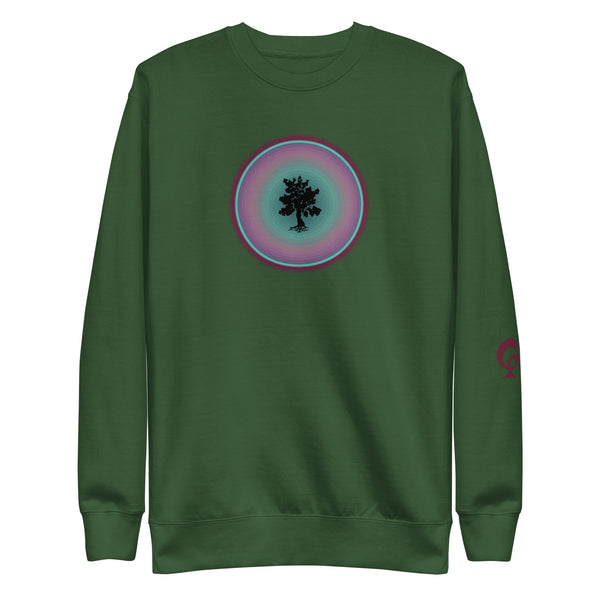 Green sweatshirt with tree in circle on green background