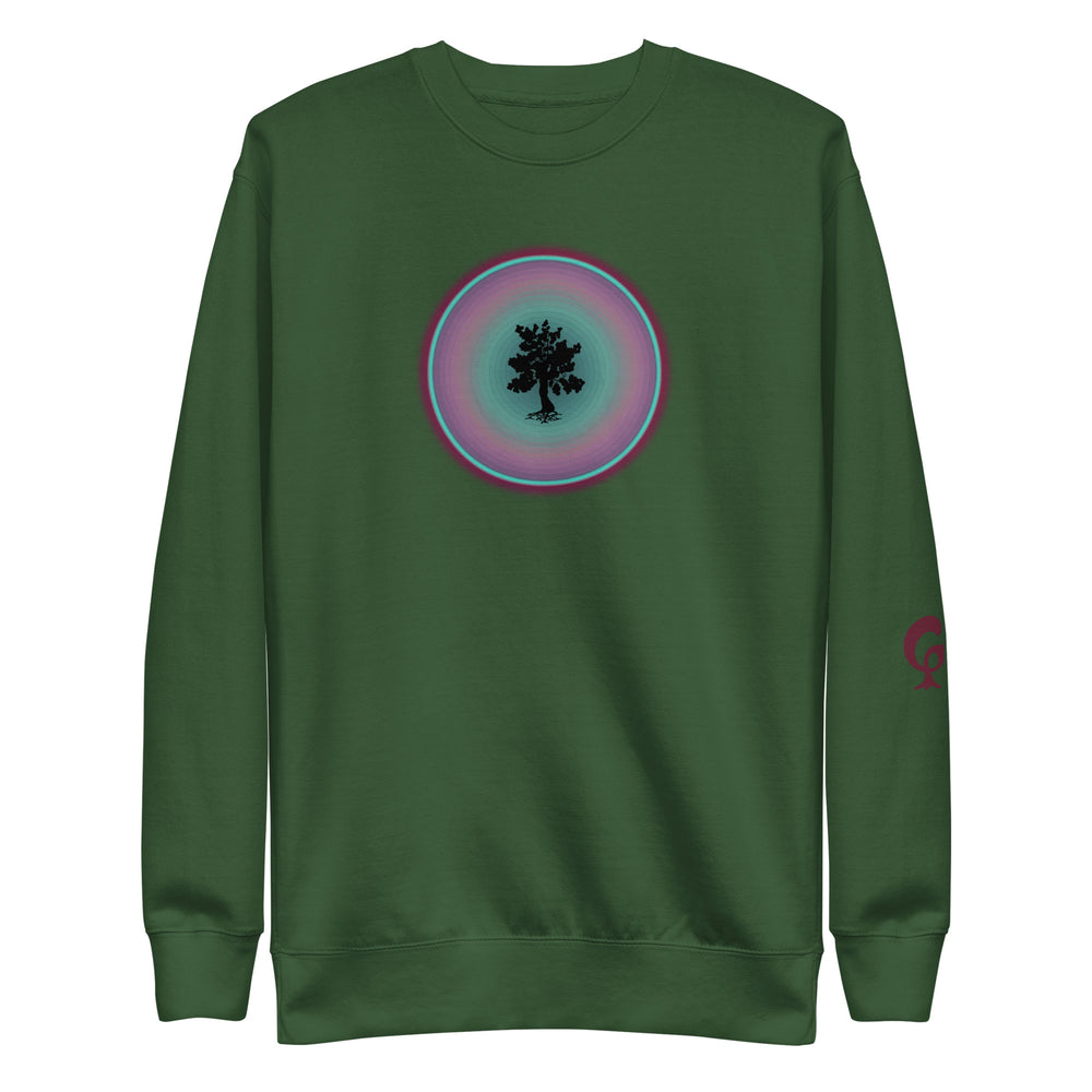 Green sweatshirt with tree in circle on green background
