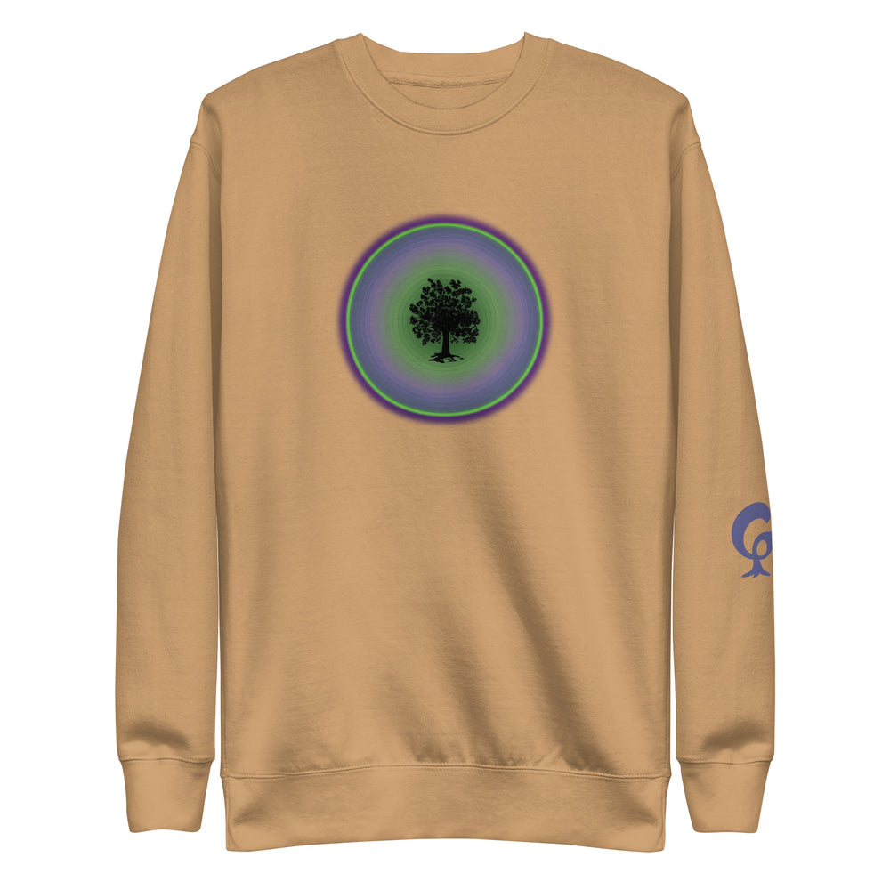 beige sweatshirt with tree in circle on beige background