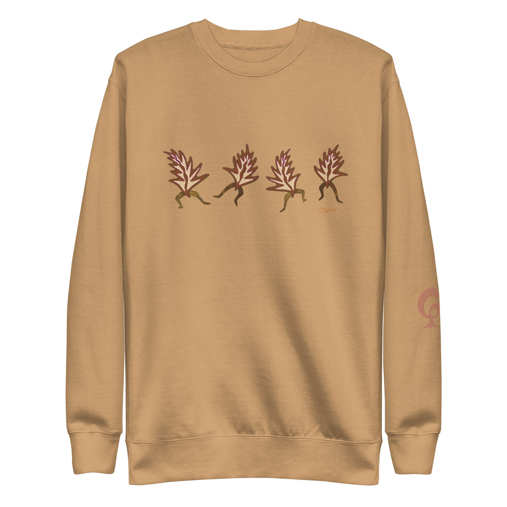 dark beige sweatshirt with row of leaves on dark beige background