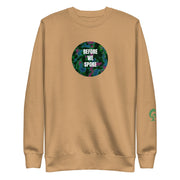 Beige sweatshirt with text BEFORE WE SPOKE on beige background