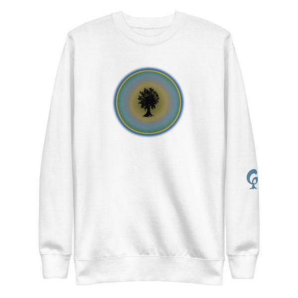 White sweatshirt with tree in circle on white background