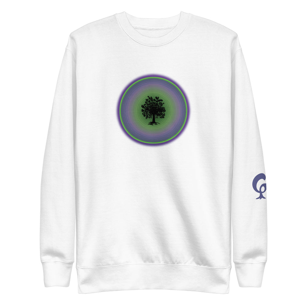 White sweatshirt with tree in circle on white background