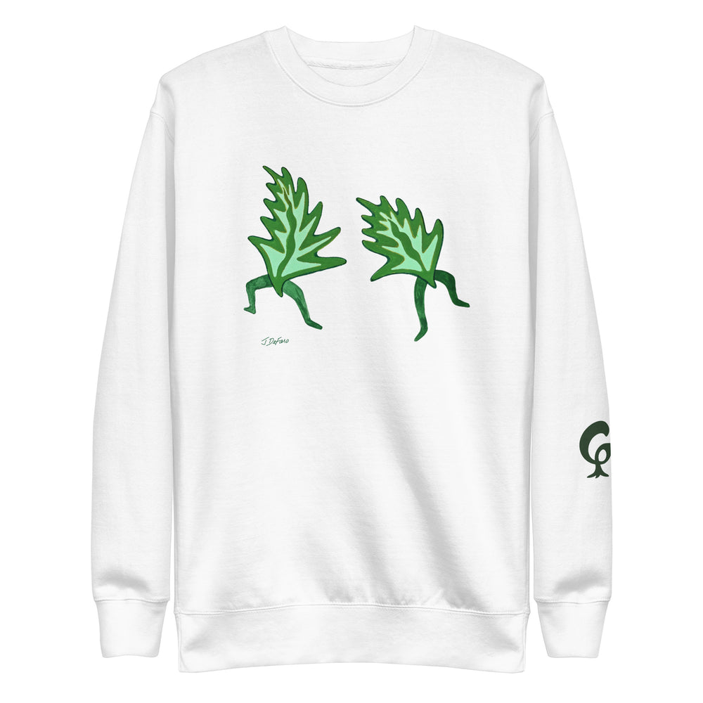 White sweatshirt with dancing leaves on a white background