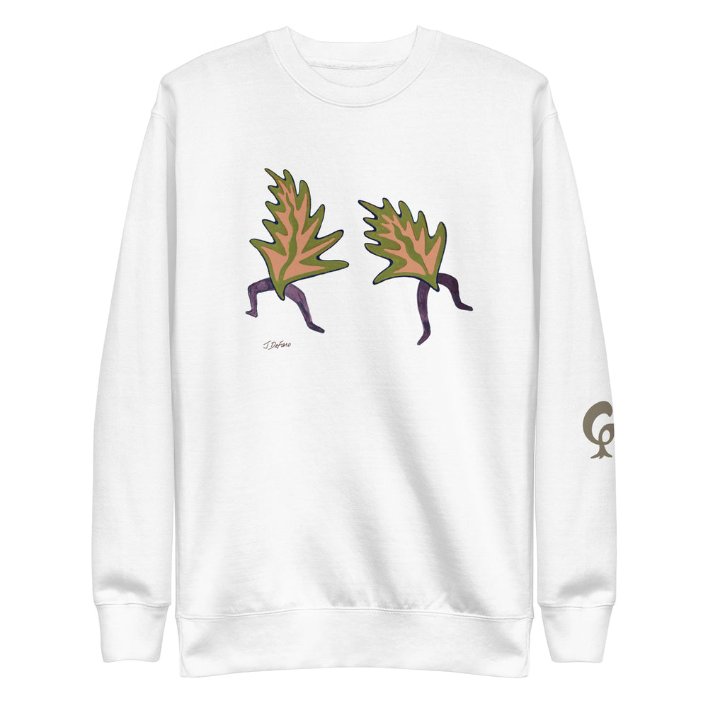 White sweatshirt with dancing leaves on white background