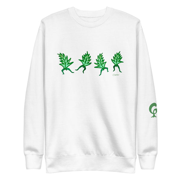 White sweatshirt with dancing green leaves on white background