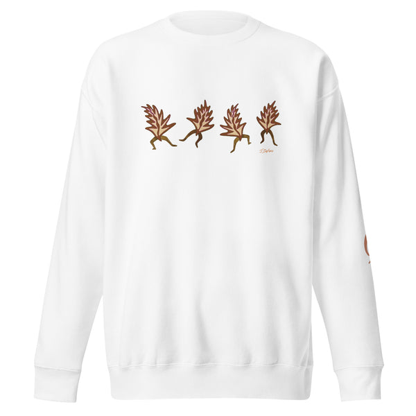 White sweatshirt with decorative designs on the back against a white background