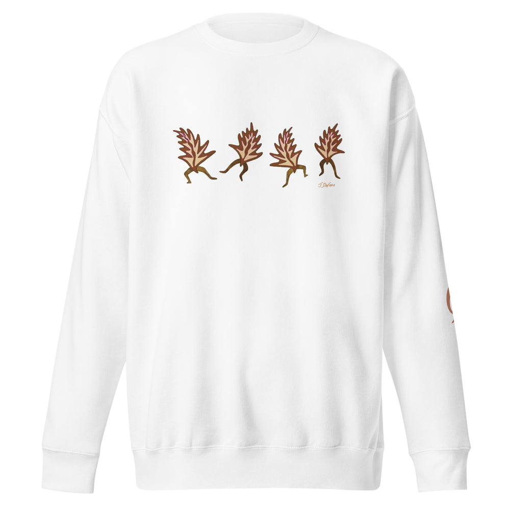 White sweatshirt with decorative designs on the back against a white background