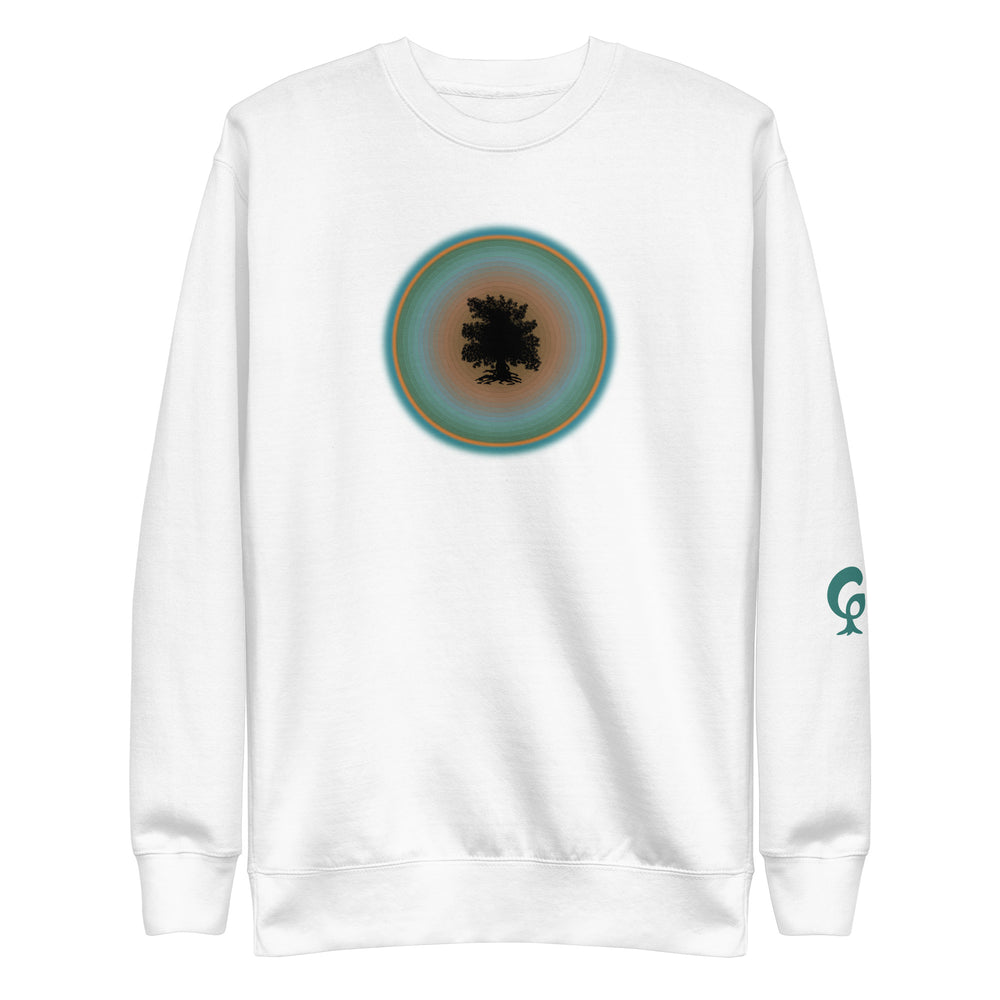 White sweatshirt with tree in circle on white background
