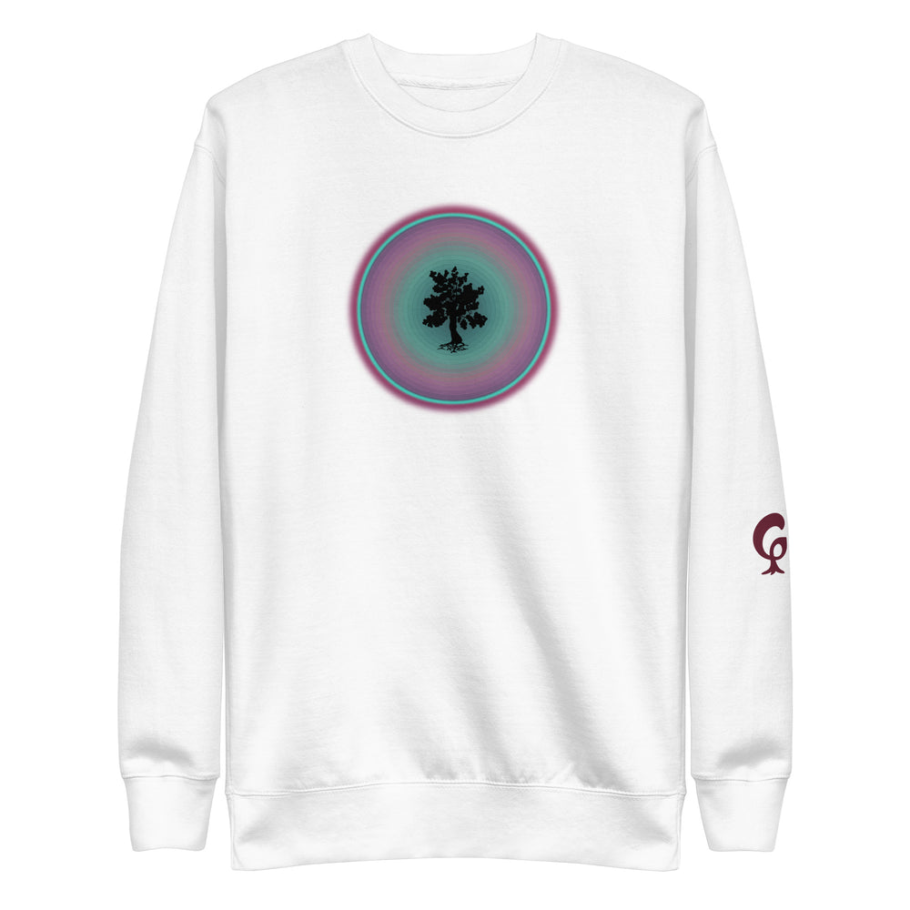 White sweatshirt with tree in circle on white background
