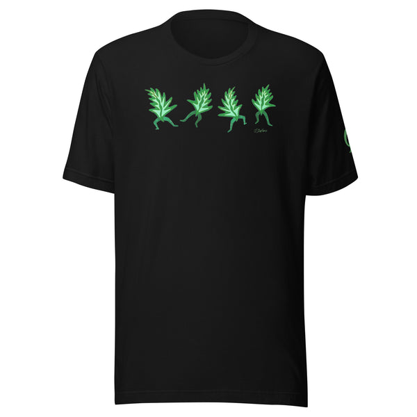 Black t-shirt with green graphic design on a white background