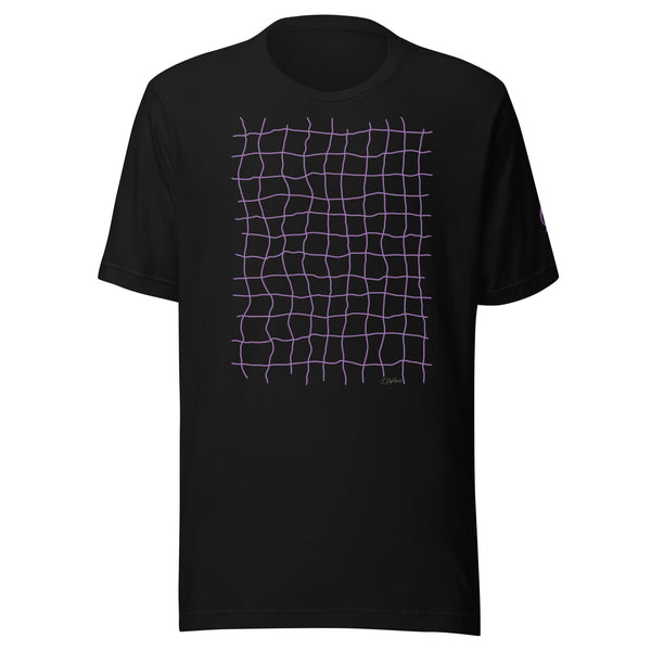 Black t-shirt with purple net grid on black background