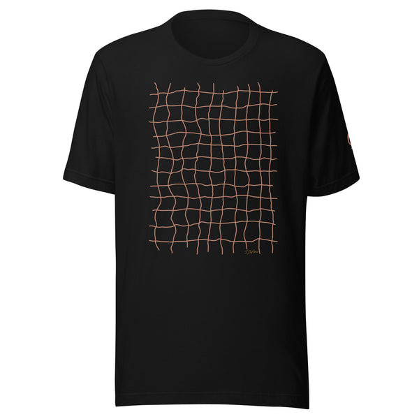 Black t-shirt with peach net grid on black background