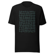 Black T-shirt with light green net grid pattern on black background